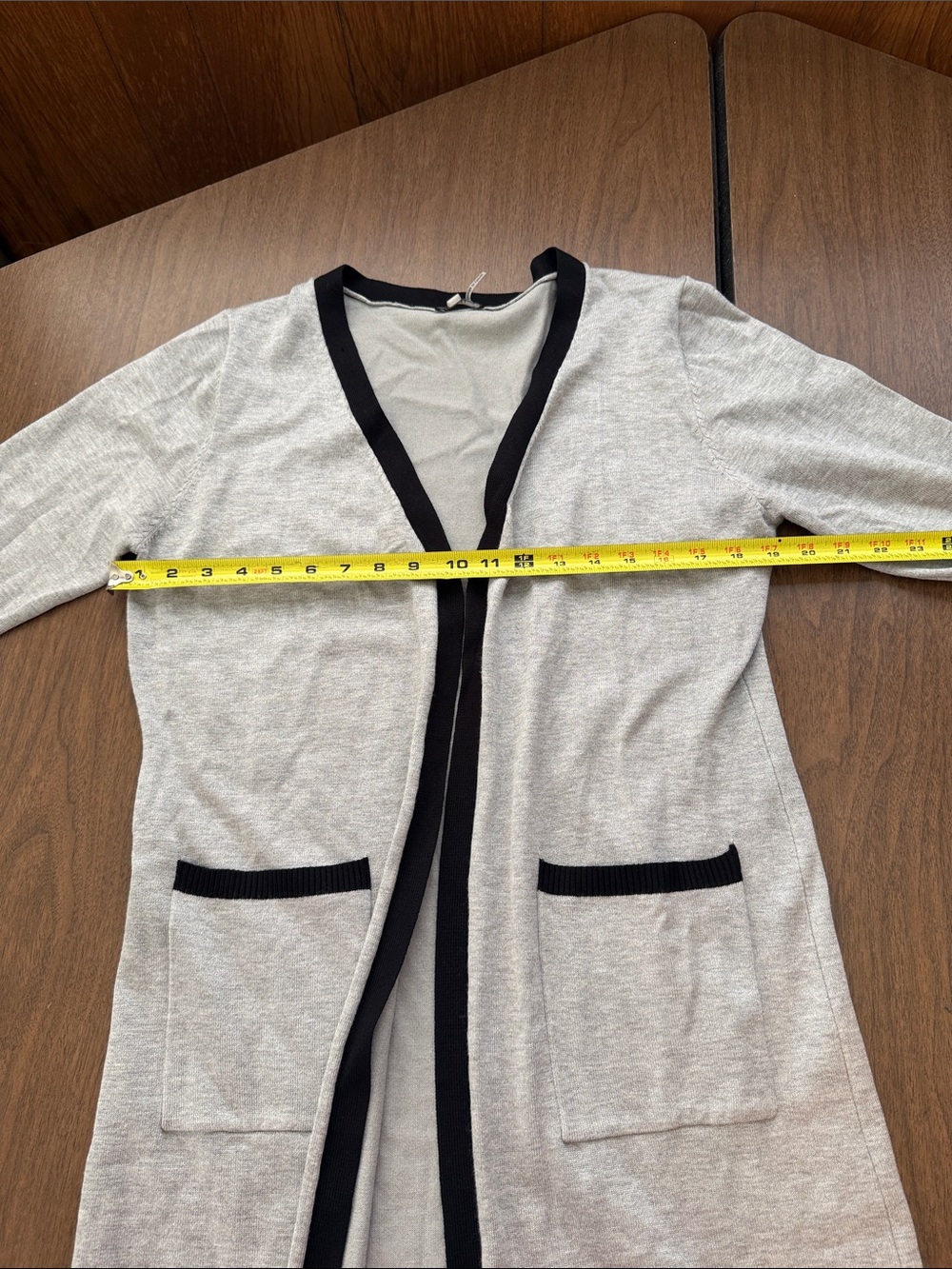 Light Gray Open-Front Cardigan with Black Trim